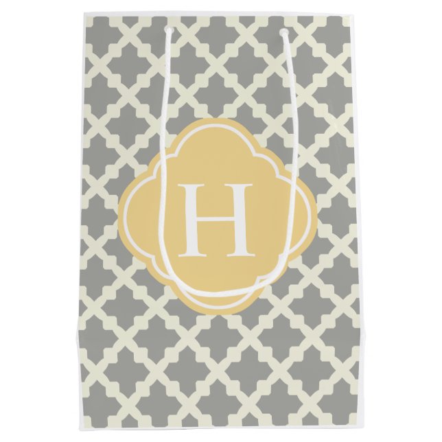 Gray & Buff Modern Moroccan Quatrefoil Monogram Medium Gift Bag (Back)