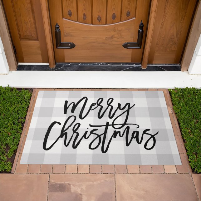 Gray Buffalo Check Merry Christmas | Holiday Doormat (Outdoor)