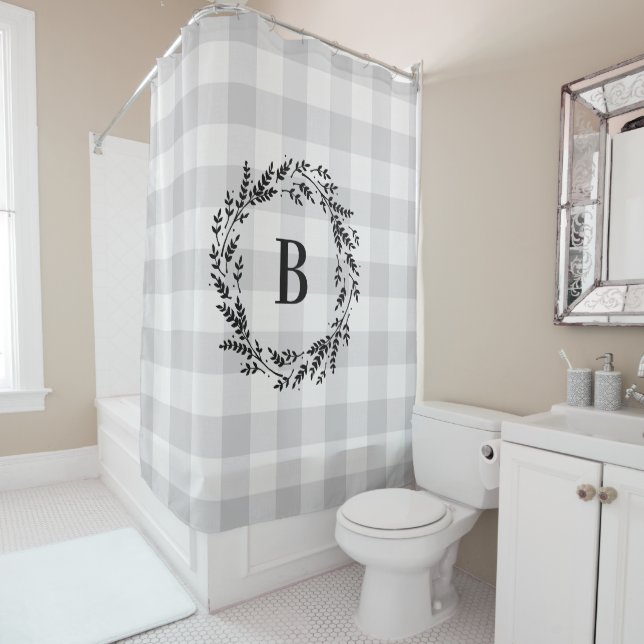 Gray Buffalo Check Monogram | Farmhouse Bathroom Shower Curtain (In Situ)
