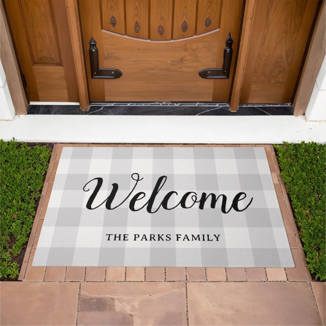 Gray Buffalo Check Monogram | Farmhouse Welcome Doormat (Outdoor)
