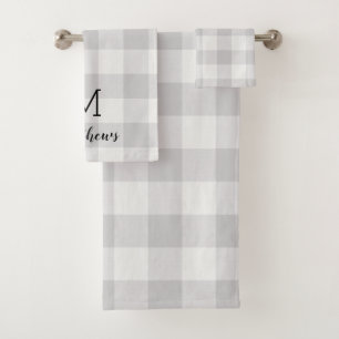 Gray Buffalo Check Monogram   Modern Farmhouse Bath Towel Set