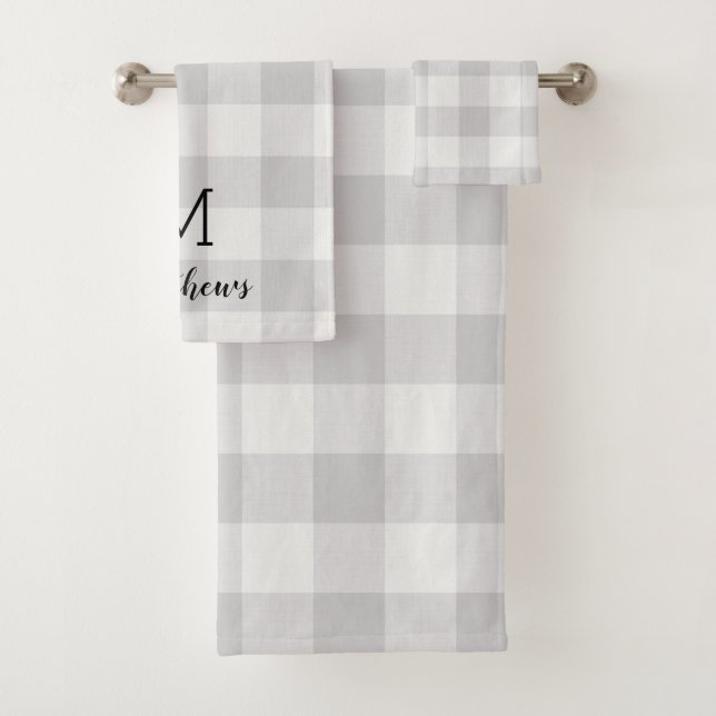 Gray Buffalo Check Monogram | Modern Farmhouse Bath Towel Set (Insitu)