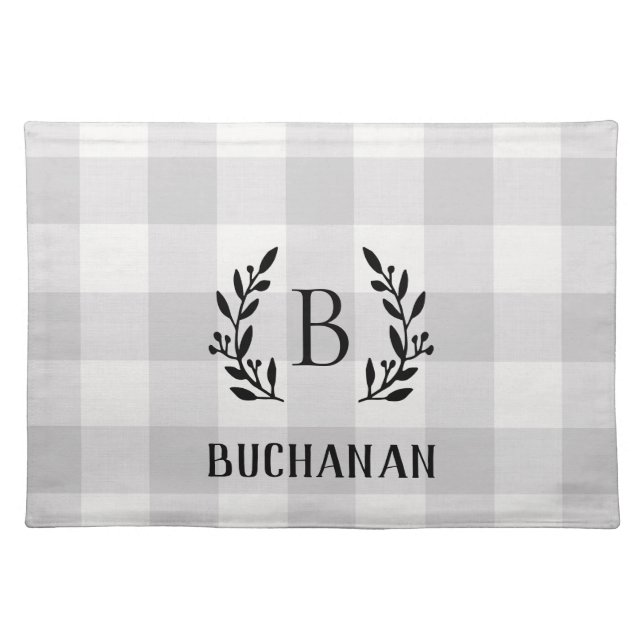 Gray Buffalo Check Monogram | Modern Farmhouse Cloth Placemat (Front)