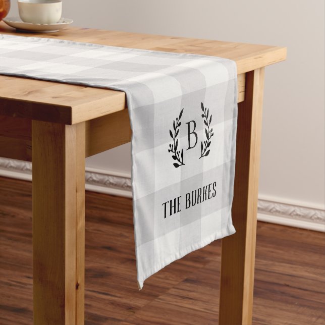 Gray Buffalo Check Monogram | Modern Farmhouse Short Table Runner (In Situ)
