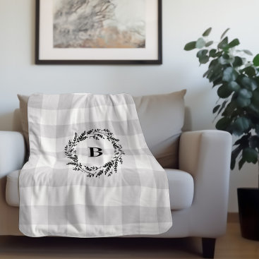 Gray Buffalo Check Wreath Monogram | Farmhouse Sherpa Blanket