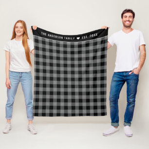 Gray Buffalo Plaid Family Name Monogram Fleece Blanket