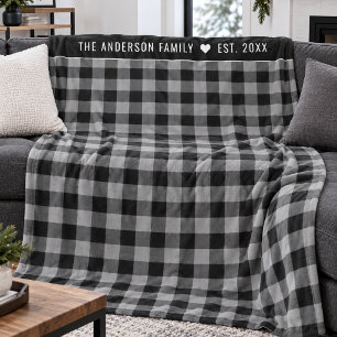 Gray Buffalo Plaid Family Name Monogram Fleece Blanket
