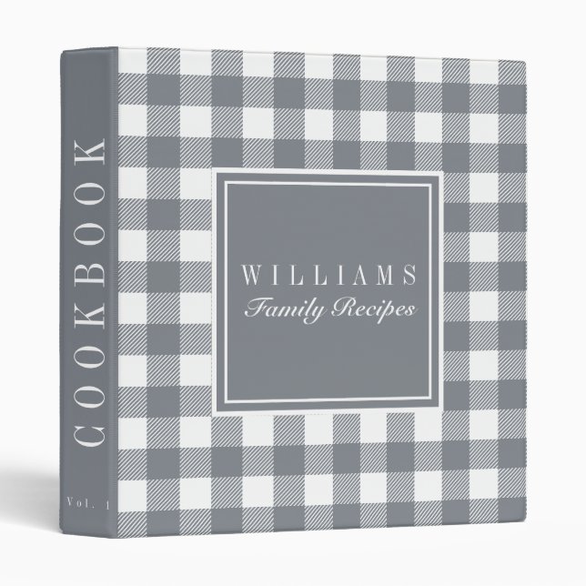 Gray Buffalo Plaid Family Recipe Cookbook 3 Ring Binder (Front/Spine)