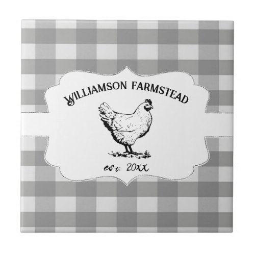 Gray Buffalo Plaid Farm Chicken Decorative Ceramic Tile