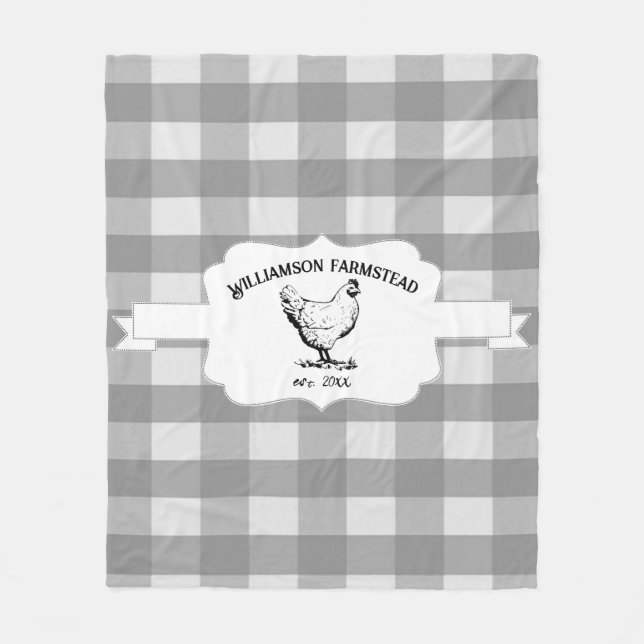 Gray Buffalo Plaid Farm Chicken Fleece Blanket (Front)