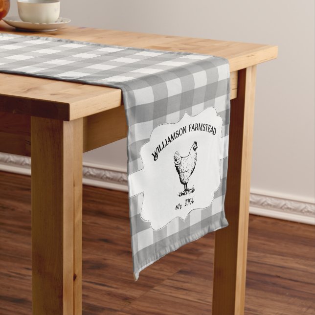 Gray Buffalo Plaid Farm Chicken Short Table Runner (In Situ)