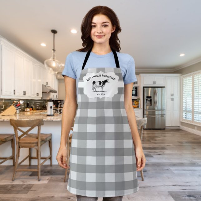 Gray Buffalo Plaid Farm Cow Apron (Gray Buffalo Plaid Farm Cow Personalized Apron)