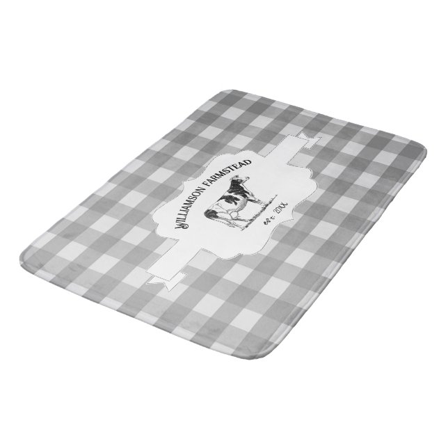 Gray Buffalo Plaid Farm Cow Bath Mat (Angled)