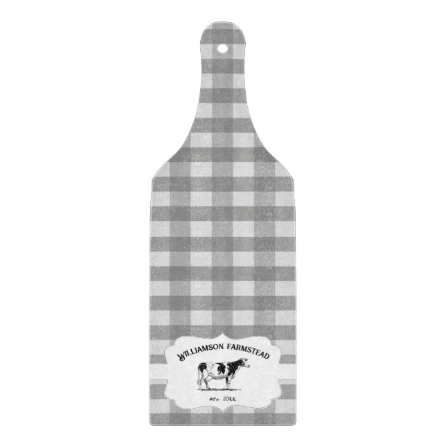 Gray Buffalo Plaid Farm Cow Cutting Board (Front)