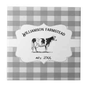 Gray Buffalo Plaid Farm Cow Decorative Ceramic Tile