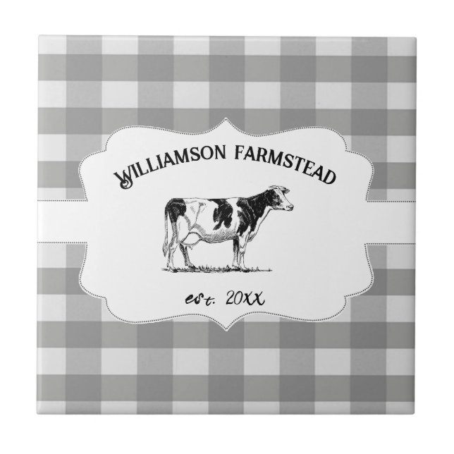 Gray Buffalo Plaid Farm Cow Decorative Ceramic Tile (Front)