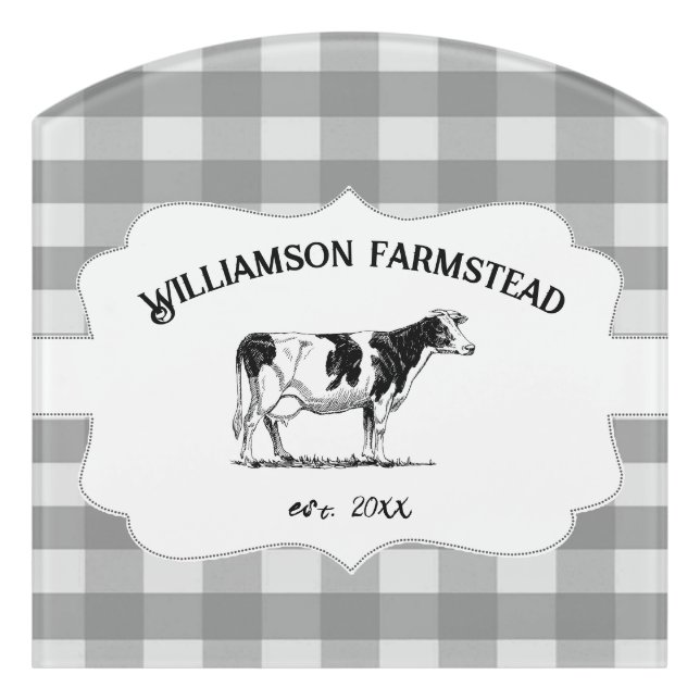 Gray Buffalo Plaid Farm Cow Door Sign (Contour Front)