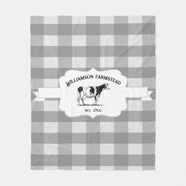 Gray Buffalo Plaid Farm Cow Fleece Blanket (Front)