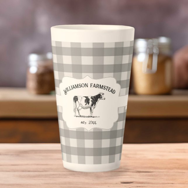 Gray Buffalo Plaid Farm Cow Latte Mug (Gray Buffalo Plaid Farm Cow Latte Mug)