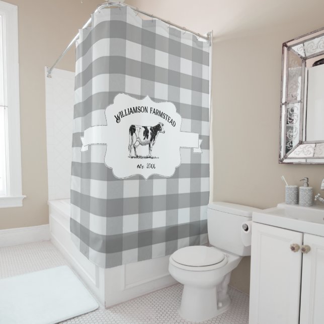 Gray Buffalo Plaid Farm Cow Shower Curtain (In Situ)