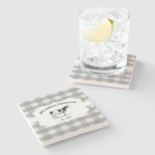 Gray Buffalo Plaid Farm Cow Stone Coaster