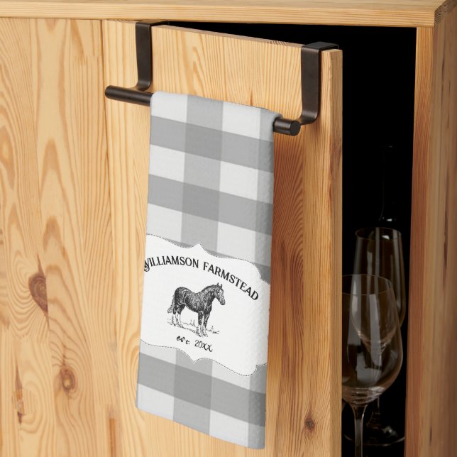 Gray Buffalo Plaid Farm Horse Kitchen Towel (Thirds Fold)