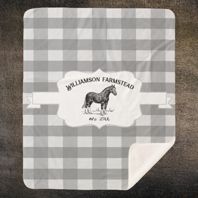Gray Buffalo Plaid Farm Horse Sherpa Blanket (Gray Buffalo Plaid Farm Horse Personalized Sherpa Blanket)