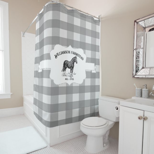 Gray Buffalo Plaid Farm Horse Shower Curtain (In Situ)