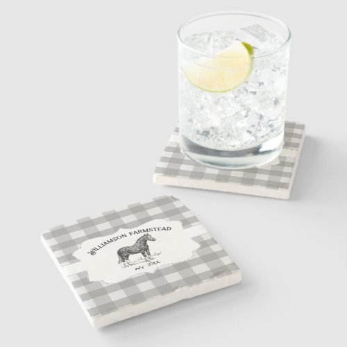 Gray Buffalo Plaid Farm Horse Stone Coaster