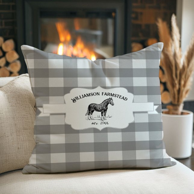 Gray Buffalo Plaid Farm Horse Throw Pillow (Gray Buffalo Plaid Farm Horse Throw Pillow)