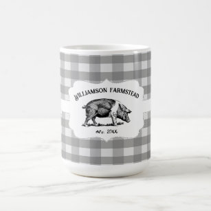 Gray Buffalo Plaid Farm Pig Coffee Mug