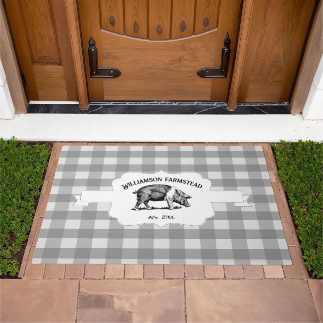 Gray Buffalo Plaid Farm Pig Doormat (Outdoor)