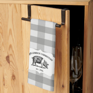 Gray Buffalo Plaid Farm Pig Kitchen Towel