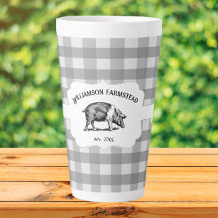 Gray Buffalo Plaid Farm Pig Latte Mug