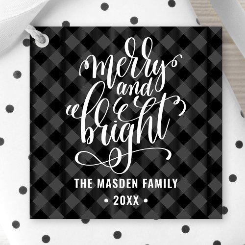 Gray Buffalo Plaid Merry And Bright Christmas Favor Tags