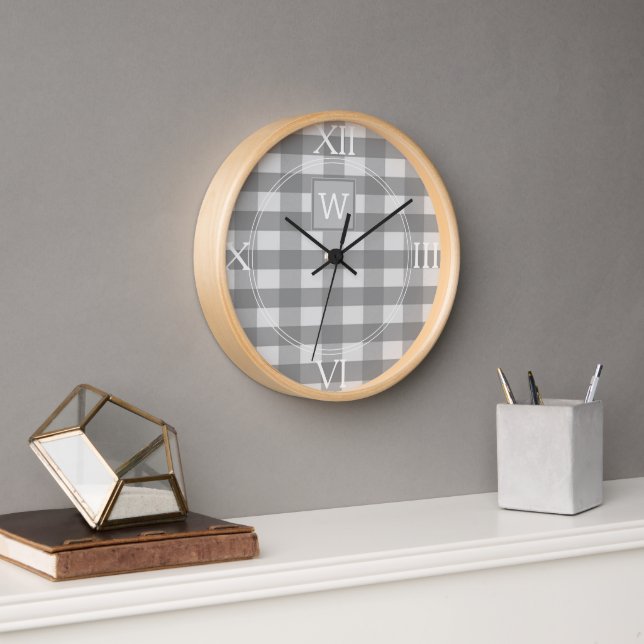 Gray Buffalo Plaid Monogram Clock (Office)