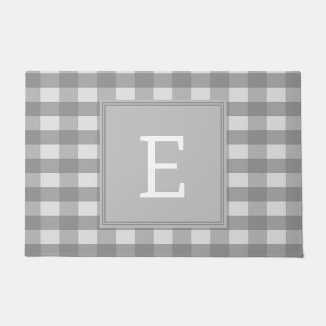 Gray Buffalo Plaid Monogram Doormat (Front)