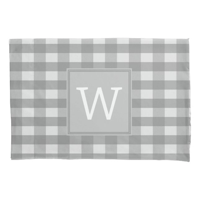 Gray Buffalo Plaid Monogram Pillowcase (Front)