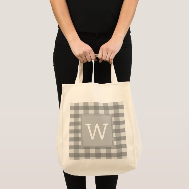 Gray Buffalo Plaid Monogram Tote Bag (Front (Product))