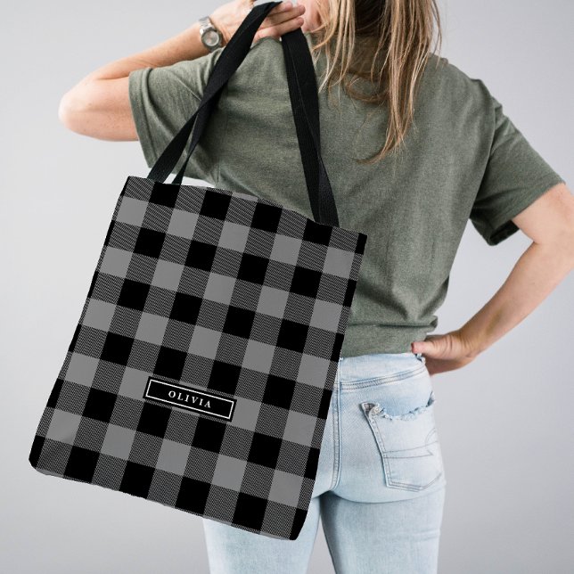 Gray Buffalo Plaid Pattern Monogrammed Bridesmaid Tote Bag (Creator Uploaded)