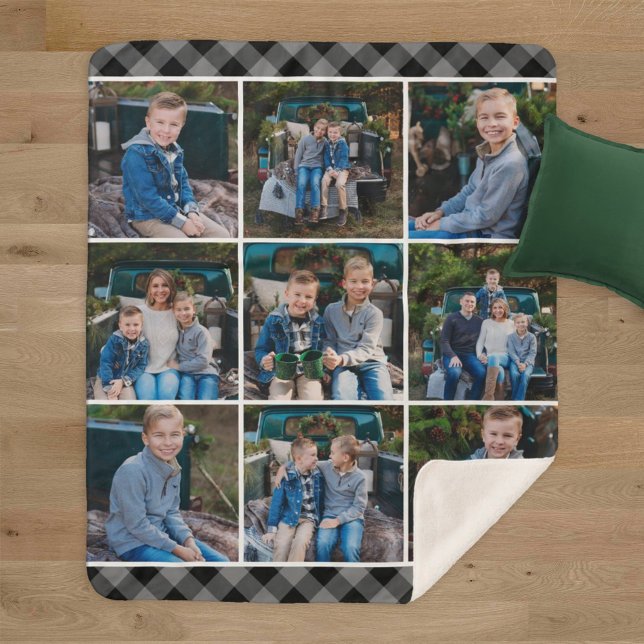 Gray Buffalo Plaid Photo Collage Sherpa Blanket (Creator Uploaded)