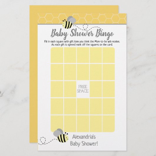 Gray Bumble Bee Baby Shower Bingo Game (Front/Back)