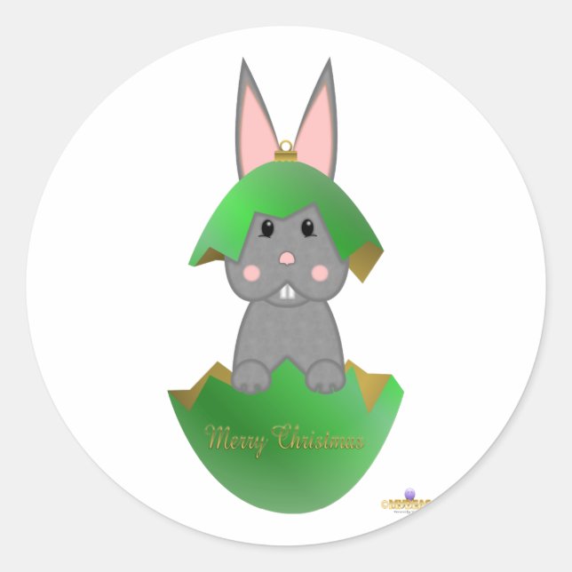 Gray Bunny Green Christmas Ornament Merry Christma Classic Round Sticker (Front)