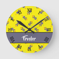 Gray bunny on yellow round clock