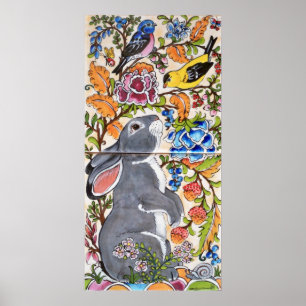 Gray Bunny Rabbit Jacobean Floral Bird Tile Poster