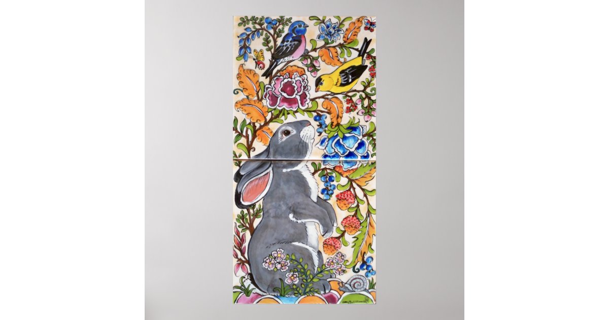 Gray Bunny Rabbit Jacobean Floral Bird Tile Poster | Zazzle