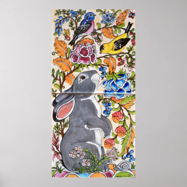 Gray Bunny Rabbit Jacobean Floral Bird Tile Poster | Zazzle