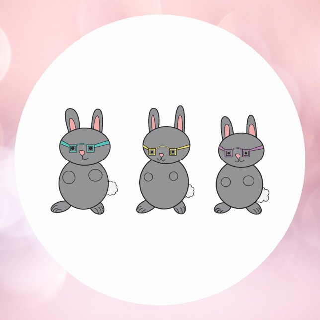 Gray Bunny Rabbits Wearing Glasses Classic Round Sticker (A cute sticker with three gray bunny rabbits wearing glasses.)