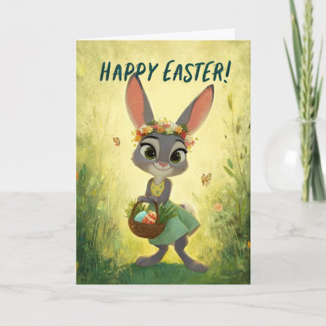 Gray Bunny Wearing Flower-Crown w/ Easter Basket Card (Front)