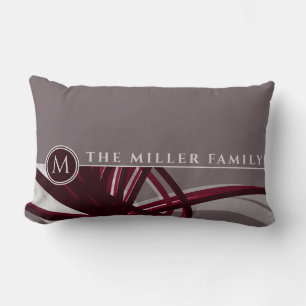 Gray & Burgundy Abstract Monogram Family Name Lumbar Pillow